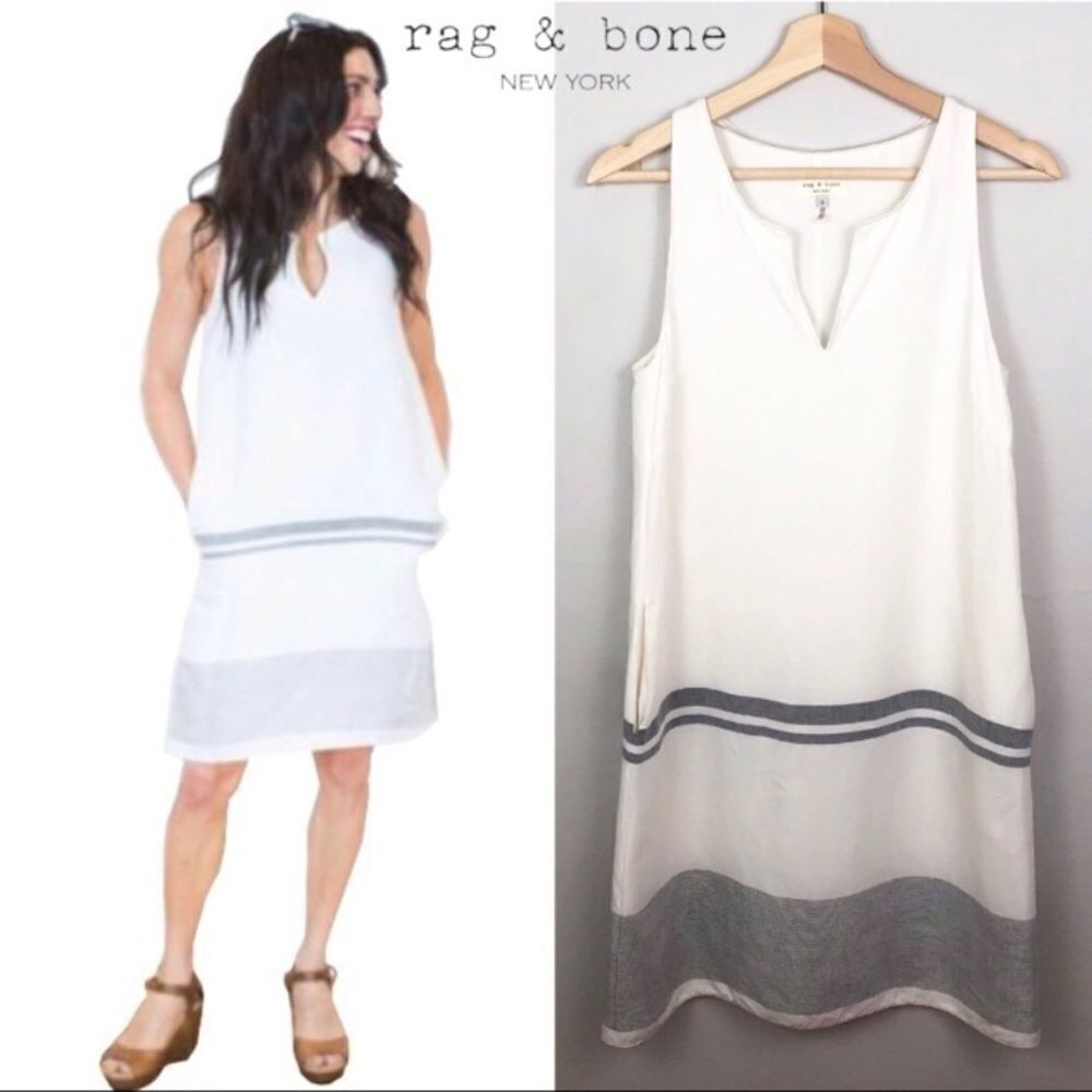 Rag Bone Linen Sleeveless Mini Shift Dress Stripe Cream Black Size 2